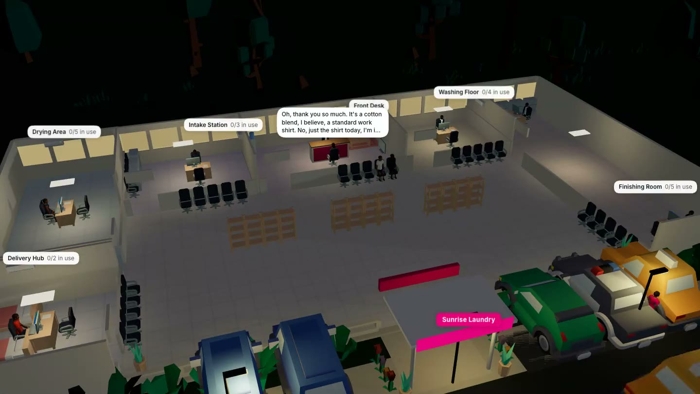 A laundry seen from above with its roof off: the front desk, the washing and ironing rooms, staff at their desks and customers walking in, with cars parked outside.