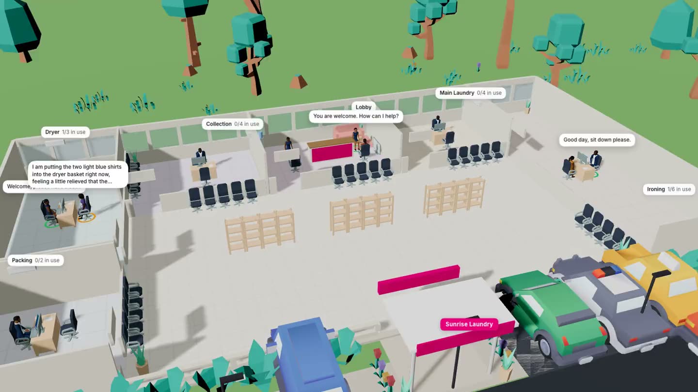 A laundry seen from above with its roof off: the front desk, the washing and ironing rooms, staff at their desks and customers walking in, with cars parked outside.