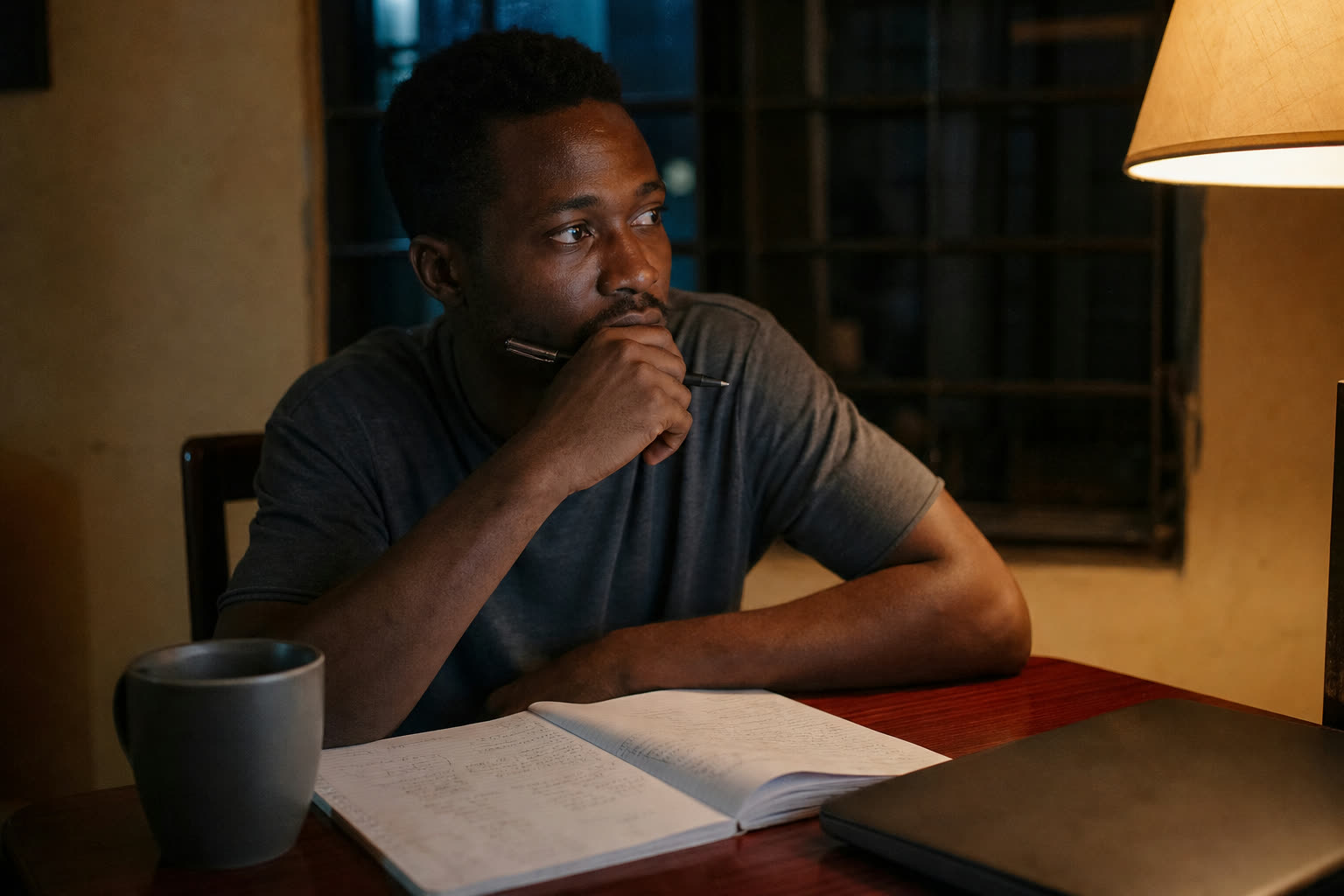 A man at a table late in the evening with a notebook of sums, thinking.