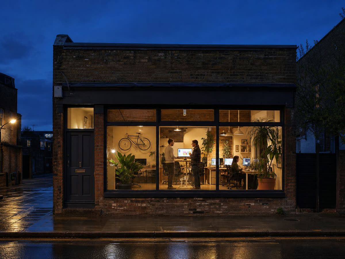 A design agency in a brick shopfront at dusk, screens of layouts seen through the window.
