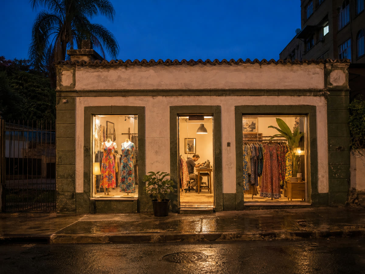 A clothes boutique at dusk, print dresses in the window and a tailor at work at the back.