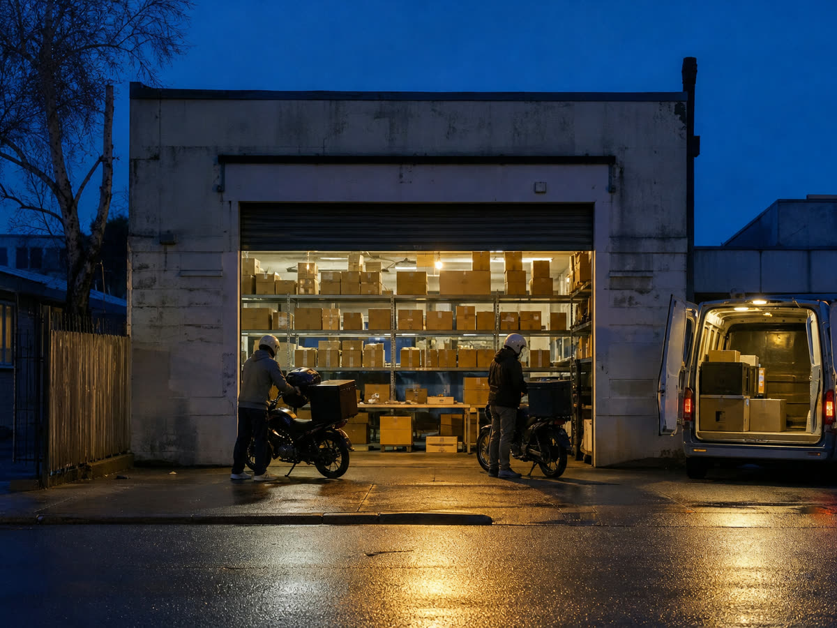 A courier depot at dusk with its shutter up, riders loading parcels onto motorbikes.