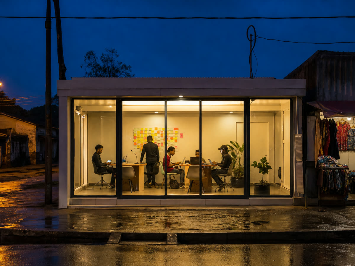 A payments company’s street-level office at dusk, a few people round a table with laptops and phones.