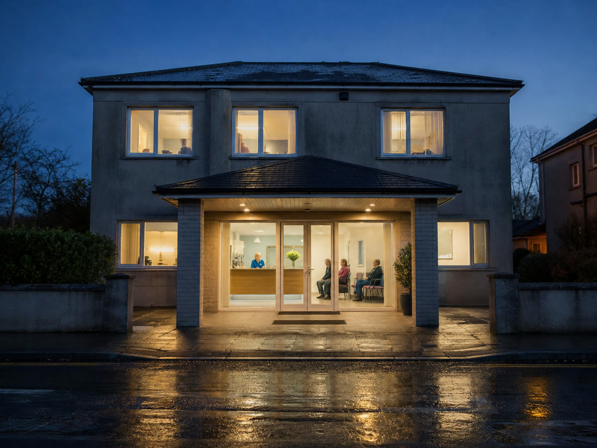 A small two-storey clinic at dusk, its reception lit, with people waiting inside.