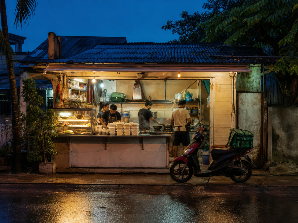 A lunch kitchen with an open hatch at dusk, cooks plating food and a rider’s motorbike outside.