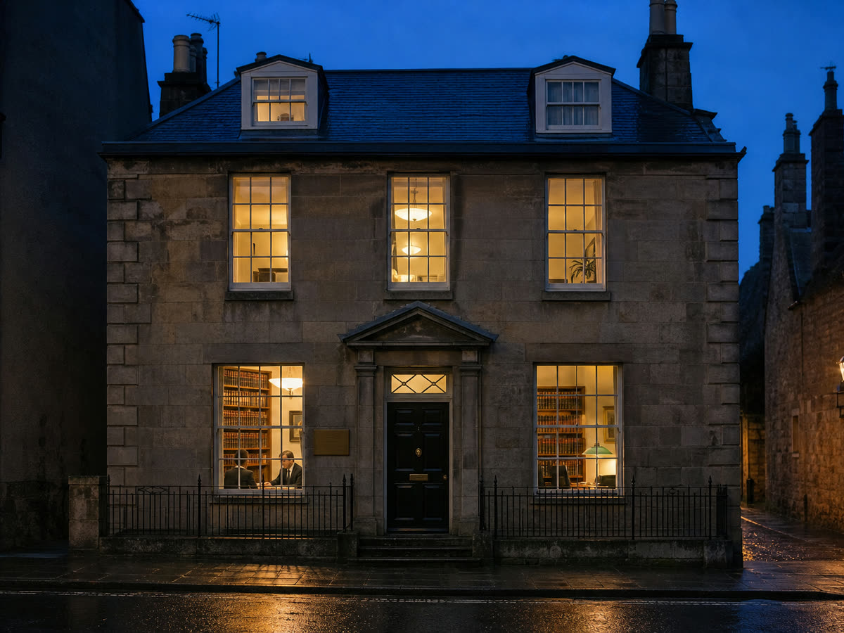 A law firm in an old townhouse at dusk, a lawyer and a client in a lit front office lined with books.