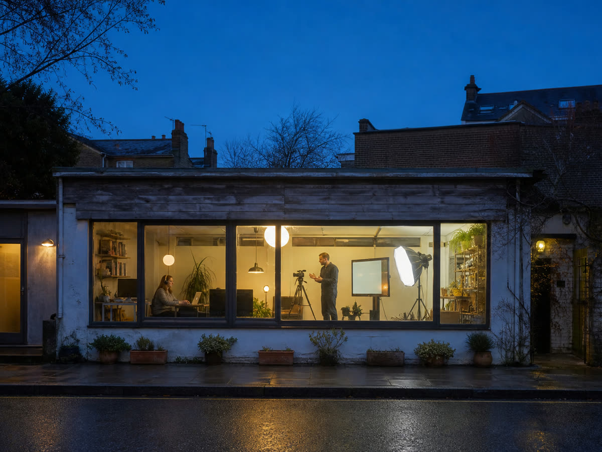 A small studio at dusk where a teacher is being filmed for an online course.