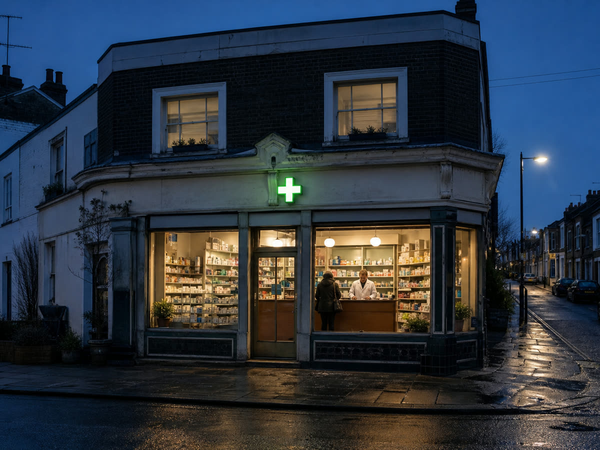 A corner pharmacy at dusk with a green cross lit above the door and a pharmacist at the counter.