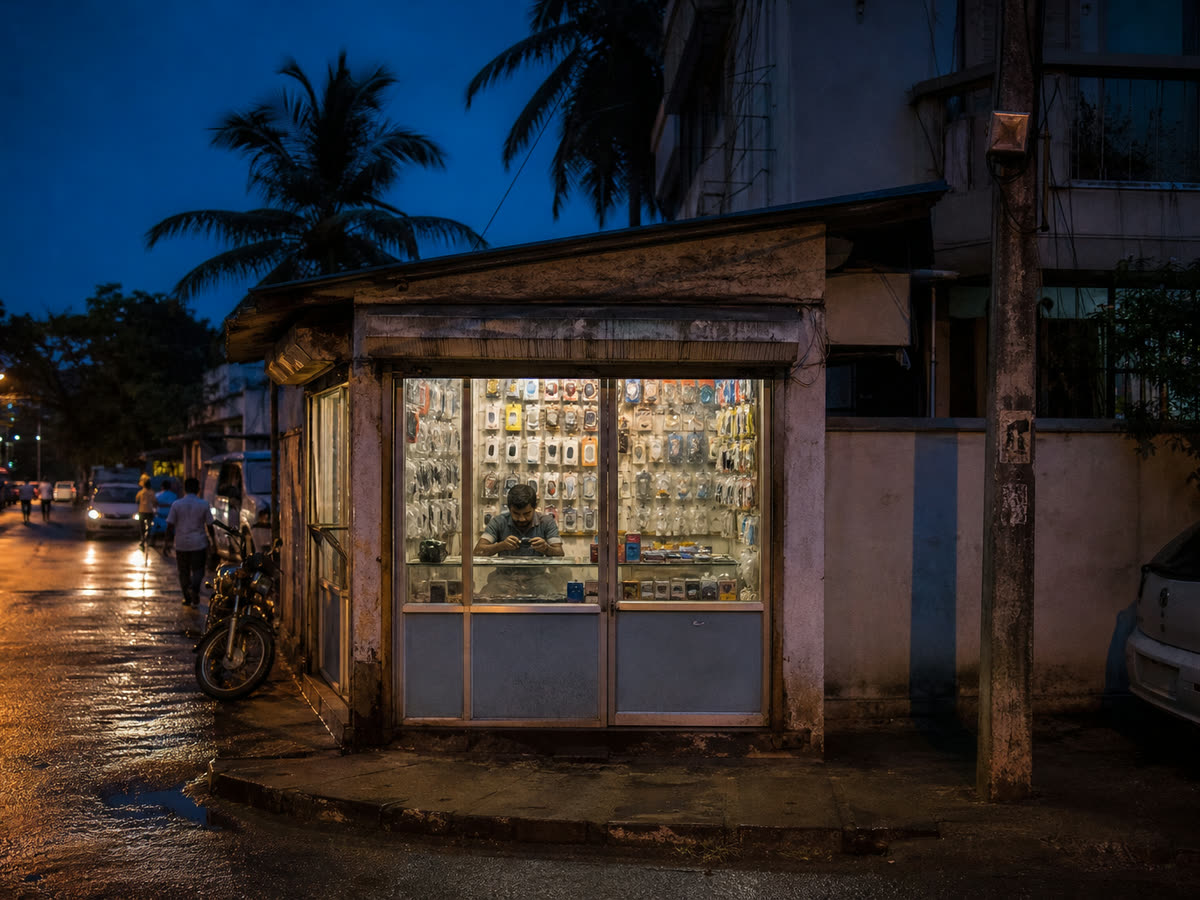 A phone accessories kiosk on a street corner at dusk, hung with chargers and cables.