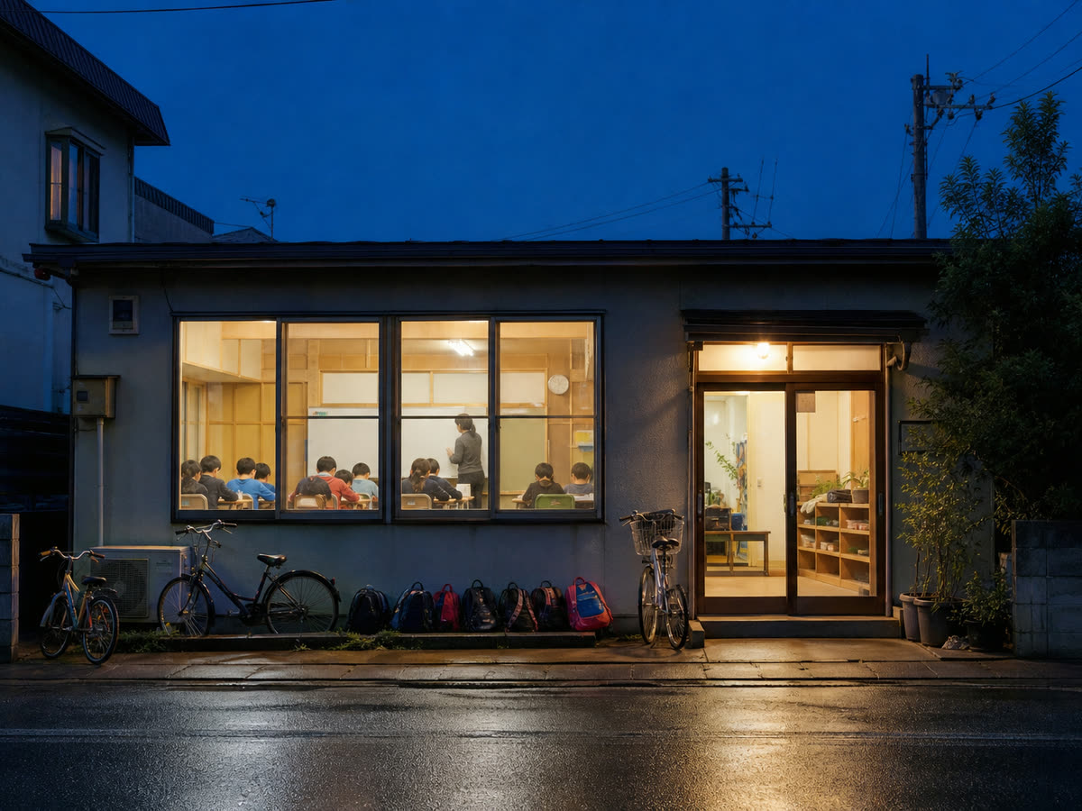 A small school at dusk, children at desks seen through the classroom windows.