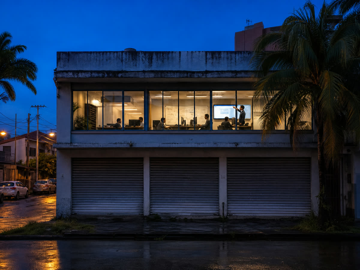 A software office above a shop at dusk, people at desks seen through tall windows.