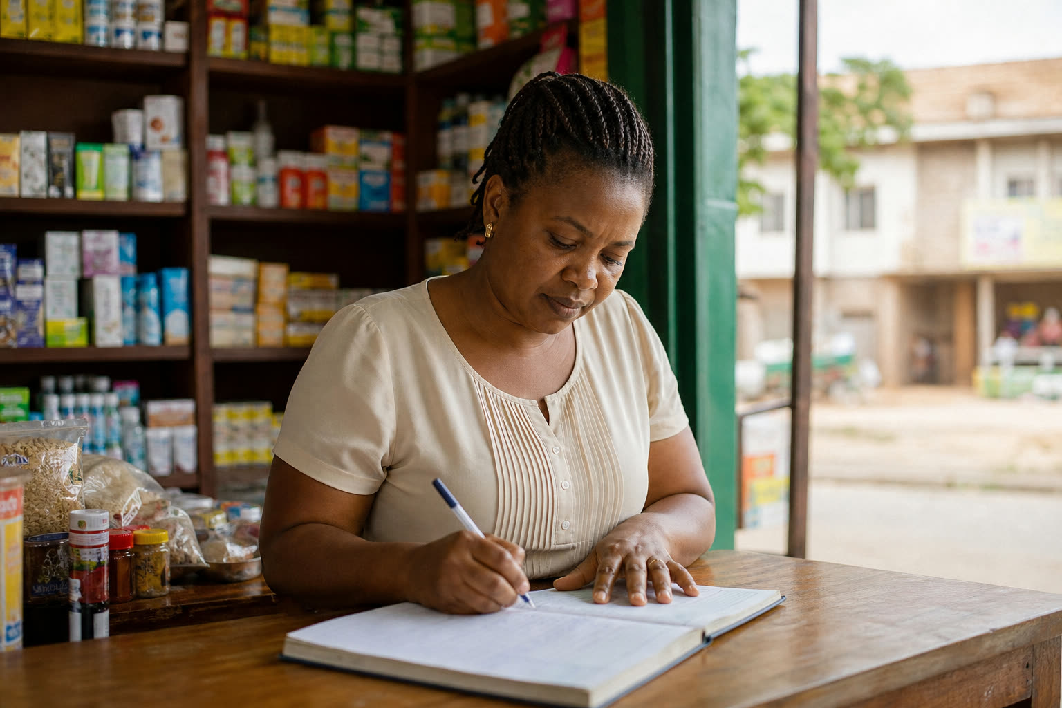 A shop owner writing in her ledger behind the counter.