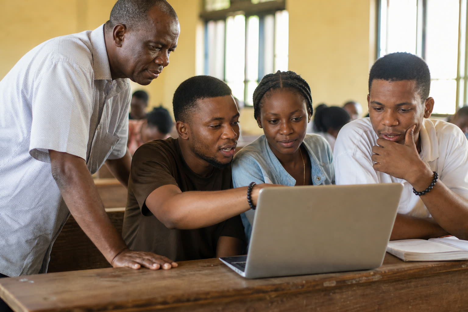 A lecturer and three students round a laptop, mid-discussion.